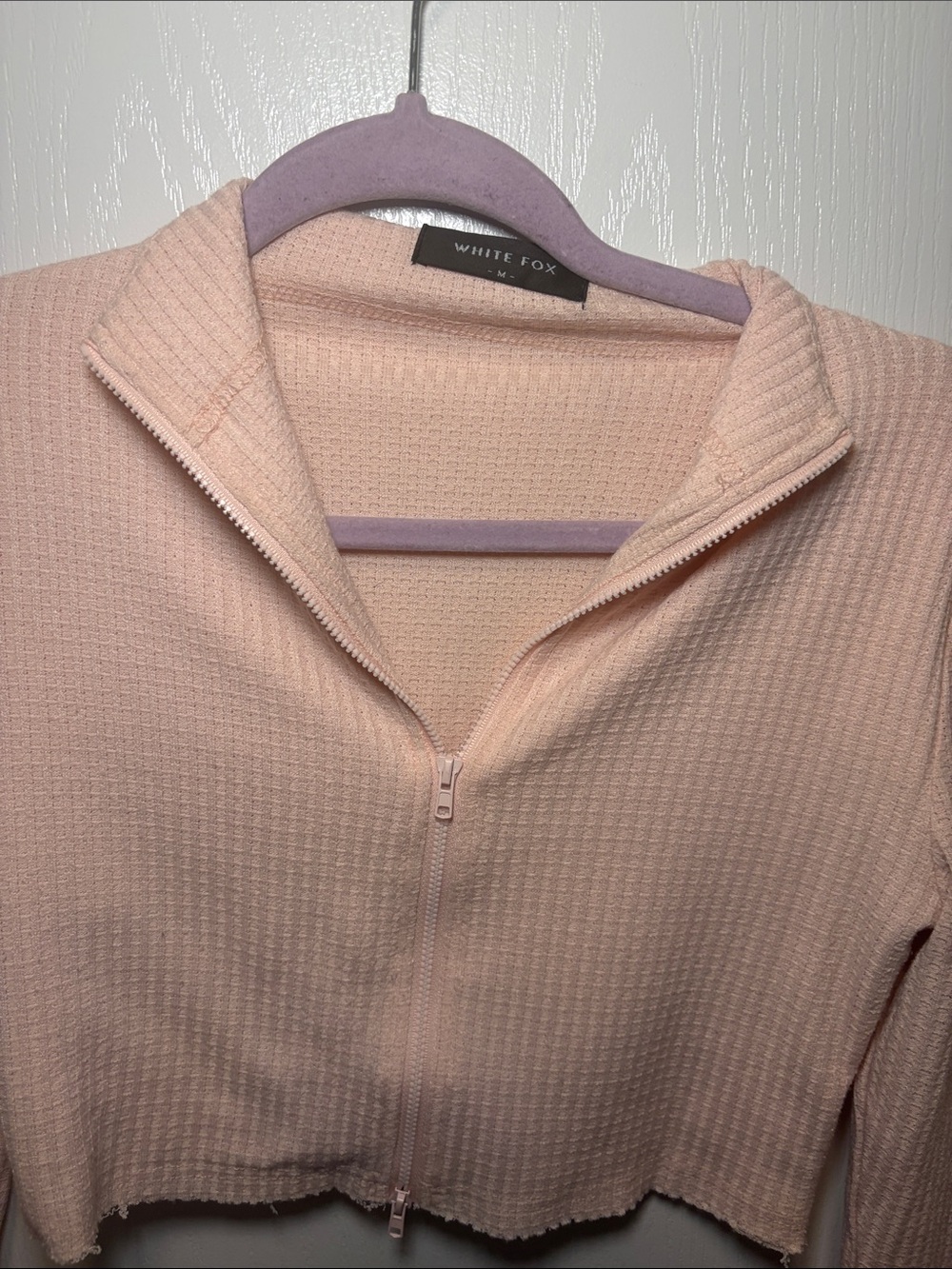 White Fox Boutique Pale Pink Waffle Knit Zip Crop Top